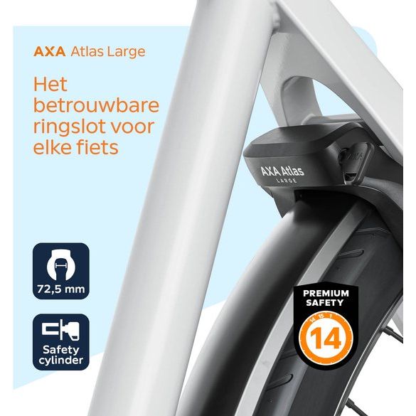 Zwarte Axa Ringslot Block XXL op kaart, stevig beveiligingsslot voor fietsen en scooters, zichtbaar met slot en bevestigingsmechanisme