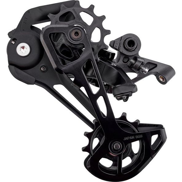 Shimano Deore XT M8100 SGS 12-speed achterderailleur met direct mount in zwart, zichtbaar op de afbeelding.