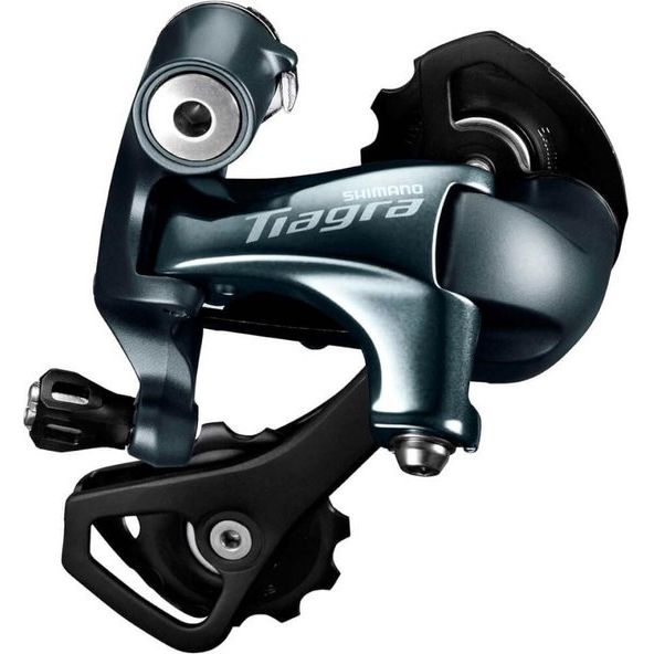 Shimano Tiagra 4700 achterderailleur 10-speed GS zwart, zichtbaar met derailleur en kabel voor racefiets.