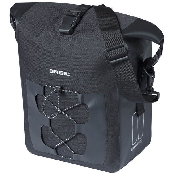 Zwarte Basil Navigator waterdichte enkele fietstas met 12-15 liter inhoud, geschikt voor fietstassen en bagage.