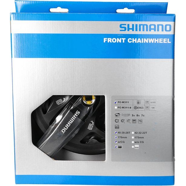 Shimano Altus trekking crankstel FC-CM311 48/38/28T met kettingbeschermer in zwart, geschikt voor 7/8 snelheden, zichtbaar in de afbeelding