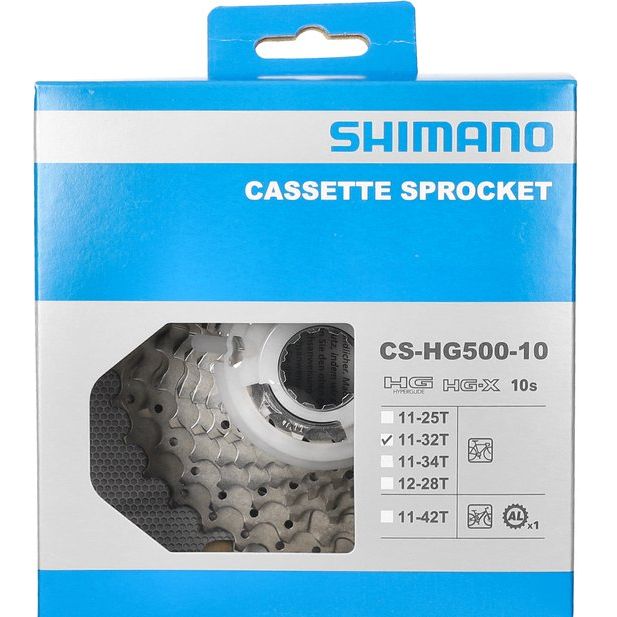 Shimano 10-speed cassette voor HG-systeem, zichtbaar met tandwielen en wielrand, geschikt voor racefietsen en mountainbikes.