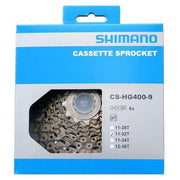 Shimano CS-HG400 9-speed cassette voor fiets, zwart metalen onderdeel met tandwielen en bevestigingsring