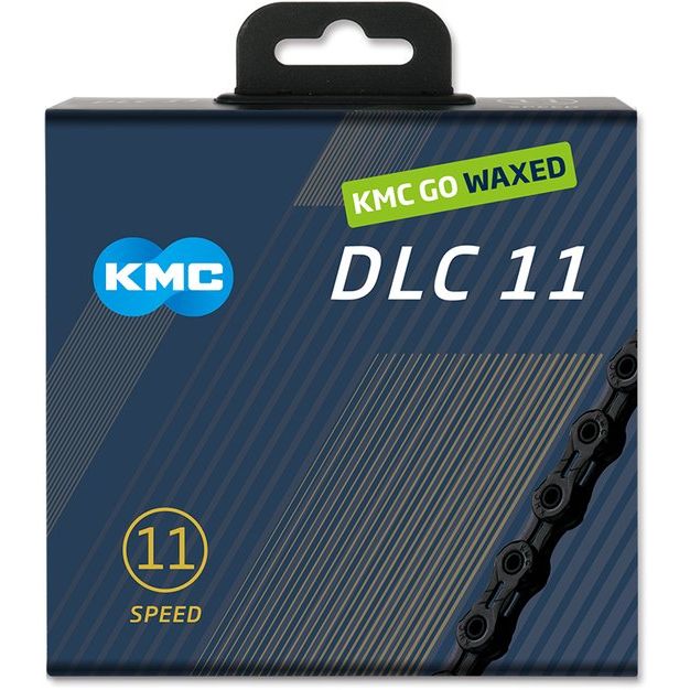Zwarte KMC DLC11 11-speed ketting met waxed coating, 118 schakels, geschikt voor racefietsen.