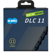 Zwarte KMC DLC11 11-speed ketting met waxed coating, 118 schakels, geschikt voor racefietsen.