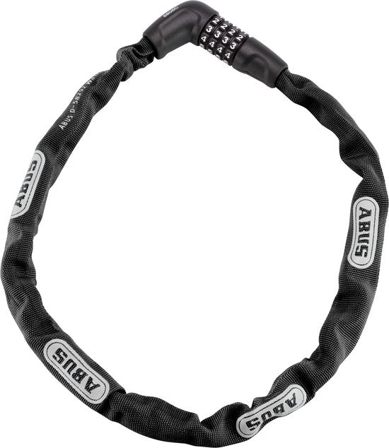 Abus Steel-O-Ketting 5805C/110 zwart, stevig kettingslot met cijferslot en zwarte kunststof bekleding voor extra bescherming.
