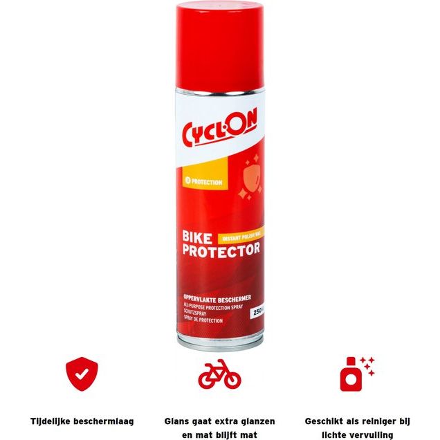 CyclOn Instant Polish Wax voor fietsen, beschermingsmiddel in 500 ml fles met glanzend oppervlak en fietsdetails zichtbaar.