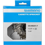 Shimano HG41 cassette 7-speed met 11-28T tandwielen, zichtbaar op een afbeelding met de onderdelen en tandwielen.
