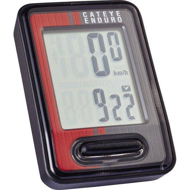 Cateye Enduro 8 CC-ED400 draadloze fietscomputer in zwart en rood, toont snelheid en afstand op het display.
