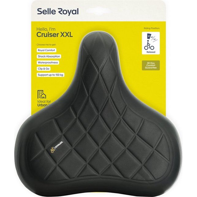 Zwart Selle Royal Cruiser Relaxed XXL stadsfiets en e-bike zadel, comfortabel en breed voor extra ondersteuning.