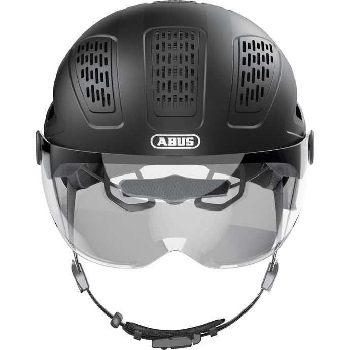 Abus Hyban 2.0 Ace speed pedelec fietshelm met ventilatie en verstelbare riem, zichtbaar van voren op de afbeelding.