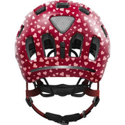 Abus Youn-I 2.0 Cherry Heart kinderfietshelm met roze en rode hartpatronen, veilige en comfortabele fietshelm voor kinderen