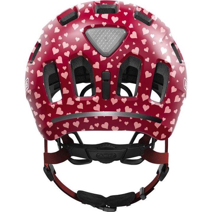 Abus Youn-I 2.0 Cherry Heart kinderfietshelm met rood hartmotief en verstelbare pasvorm, geschikt voor jonge kinderen.