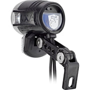 Zwarte Axa Blueline 50-T Steady koplamp met naafdynamo, 50 lux, geschikt voor fietsverlichting, zichtbaar op de afbeelding.