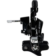 Zwarte Shimano 105 BR-R7000 remhoef voor fietsremmen, zichtbaar in close-up met remblok en metalen bevestiging.