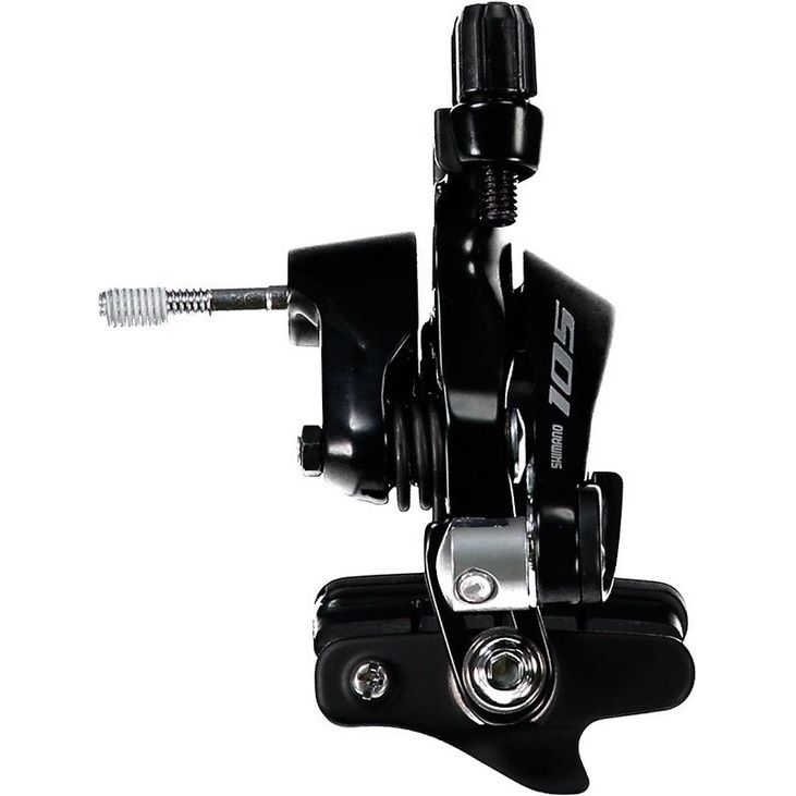 Shimano 105 BR-R7000 remhoef in zwart voor racefiets, zichtbaar met montage en remblokken, op een witte achtergrond.