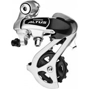 Shimano Altus RD-M310 7/8-versie achterderailleur in zilver, brede link voor soepel schakelen op fiets.