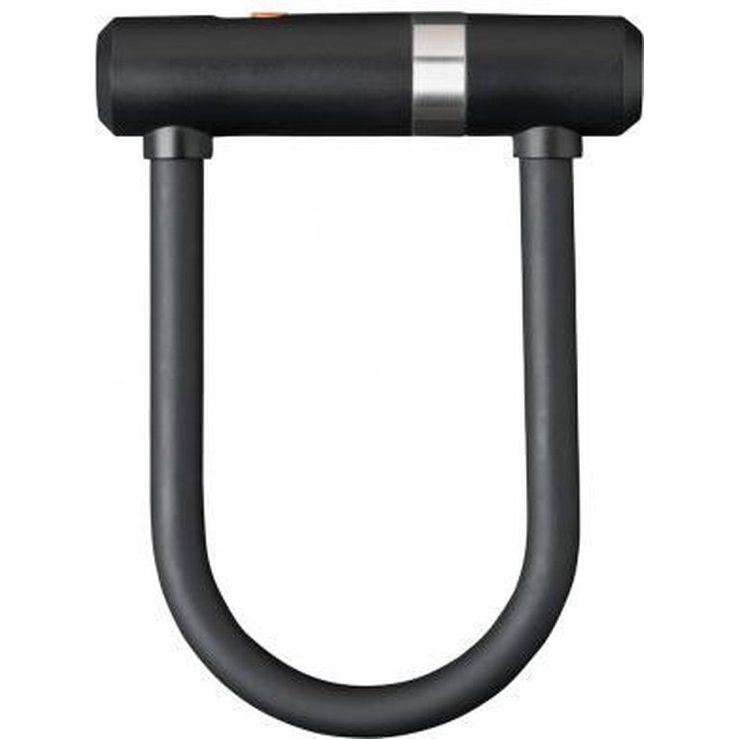 Zwarte Axa Newton Mini Beugelslot en kabel met U-slot voor beveiliging en slotvastheid, zichtbaar in de afbeelding.