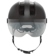 Abus Hud-Y Ace speed pedelec helm met geïntegreerd vizier en USB-achterlicht, lichte en veilige fietshandschoen.