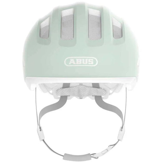 Abus Smiley 3.0 Ace kinderfietshelm met verstelbaar systeem, roze en witte kleuren, veiligheidsreflectoren en ventilatieopeningen.