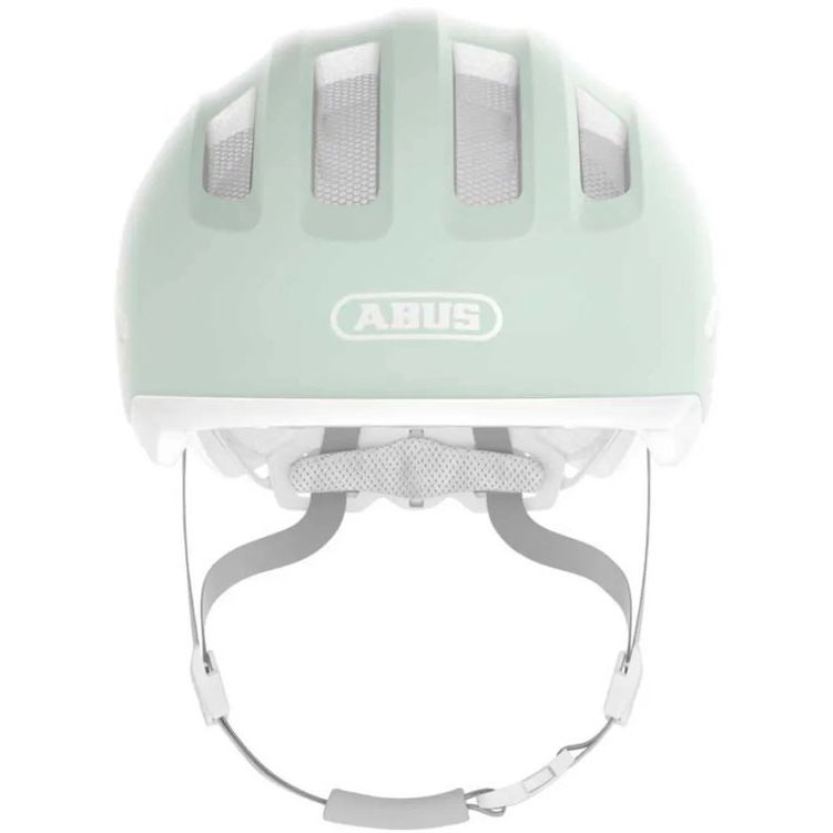 Abus Smiley 3.0 Ace kinderfietshelm met verstelbaar systeem, roze en witte kleuren, veiligheidsreflectoren en ventilatieopeningen.