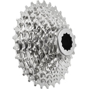 Shimano CS-HG400 9-speed cassette met metalen tanden en zwart ontwerp, geschikt voor racefietsen en mountainbikes.