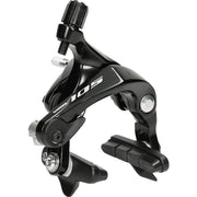 Shimano Remklauw 105 BR-R7000 in zwart, een krachtige remhoef voor racefietsen, zichtbaar met remblokken en montagedeel.