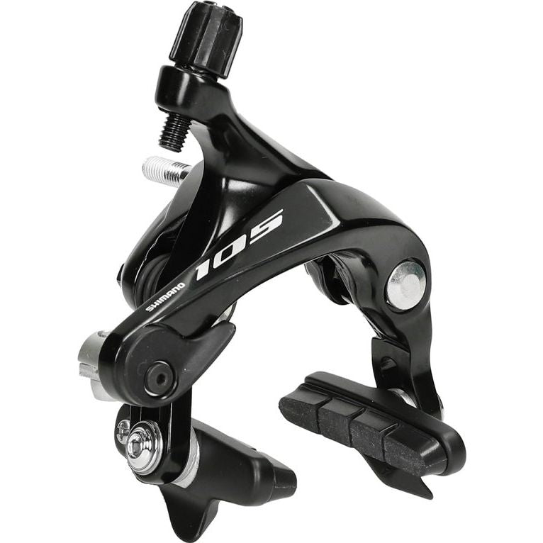 Shimano 105 BR-R7000 remhoef in zwart, bevestigingspunt en remklauw voor racefiets, close-up van de remmechanisme.