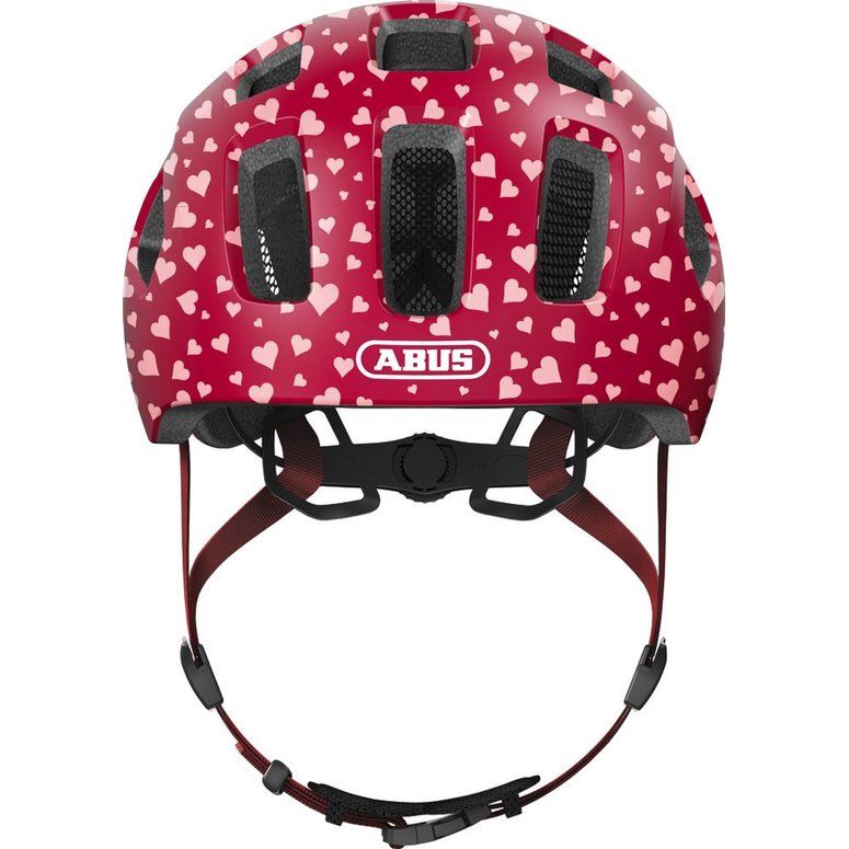 Abus Youn-I 2.0 Cherry Heart kinderfietshelm met roze hartdetails voor twee generaties, veilig en comfortabel voor kinderen