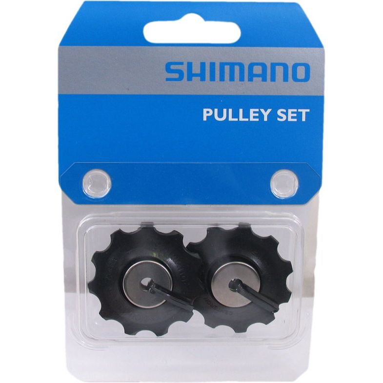 Shimano 105 RD-5700 derailleurwieltje, zwart, 9/10-speed, close-up van het derailleurwieltje op een fiets.