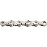 Nikkel-geplateerde KMC 9-speed ketting, 114 schakels, geschikt voor 1/2" x 11/128" snelheidsystemen, zichtbaar in afbeelding.