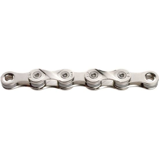Nikkel-geplateerde KMC 9-speed ketting, 114 schakels, geschikt voor 1/2" x 11/128" snelheidsystemen, zichtbaar in afbeelding.