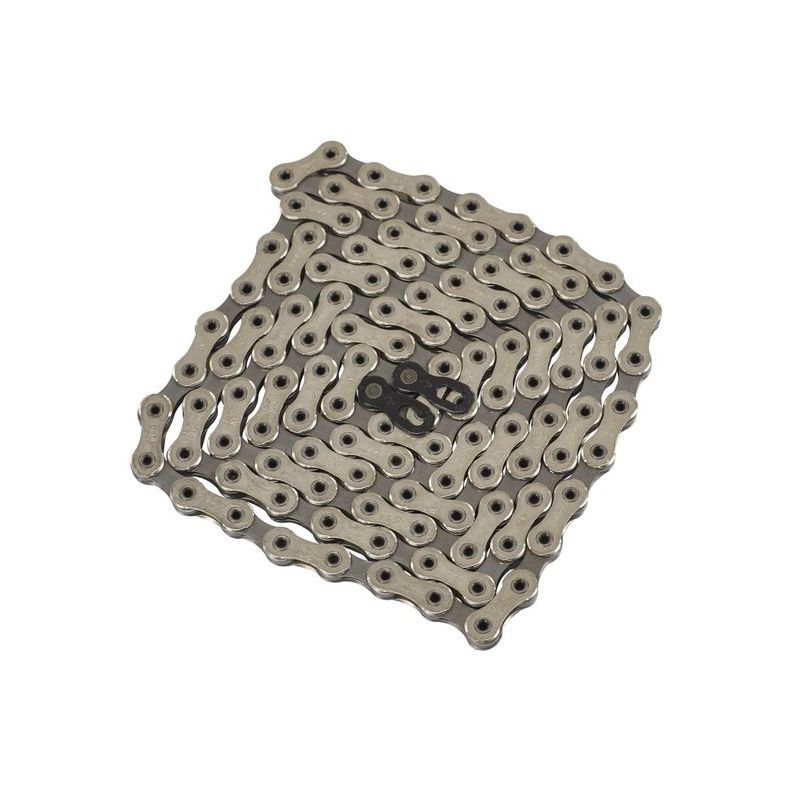 Zilveren SRAM PC1071 ketting voor 10-speed fietsen, 11/128 inch HollowPin, 114 schakels, op een fiets.