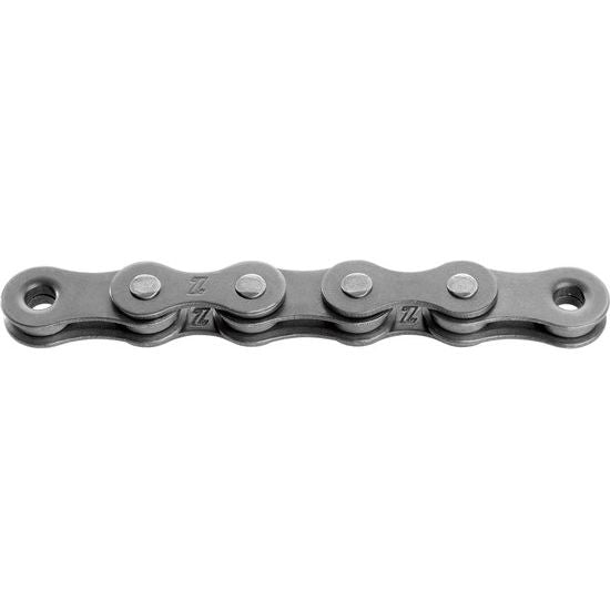 Donkere zilveren KMC Z1 Narrow EPT ketting voor single speed fietsen, 1/2" x 3/32", 112 schakels, zichtbaar in de afbeelding.