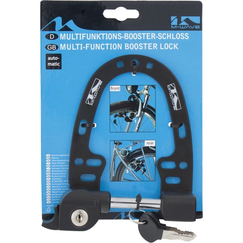 M-Wave Multi Functie Brakebooster Slot, zwart ringslot voor fietsbeveiliging, zichtbaar met metalen behuizing en slotmechanisme