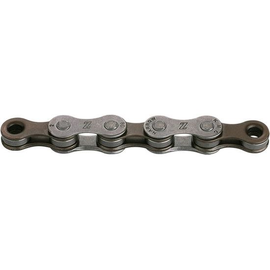 Zilverkleurige en bruin gekleurde KMC Z7 7-speed ketting voor fiets, 1/2 x 3/32 inch, zichtbaar in de afbeelding