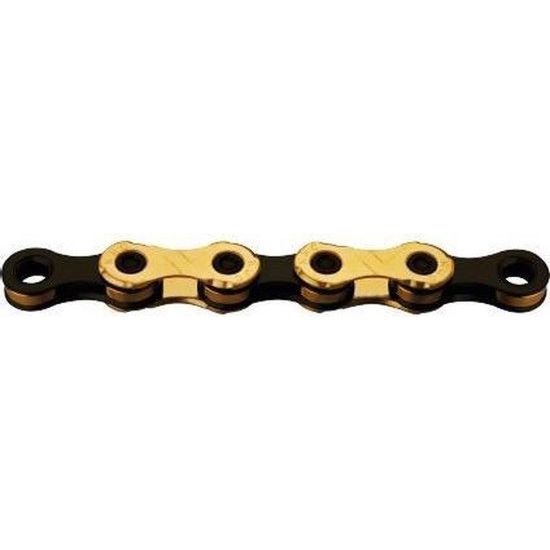 Gouden en zwarte KMC X12 12-speed ketting met 126 schakels voor racefietsen, gelegd op een lichte achtergrond