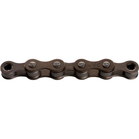Bruine KMC S1 Wide ketting voor single speed fiets, 112 schakels, 1/2" x 1/8" breed, zichtbaar in de afbeelding.