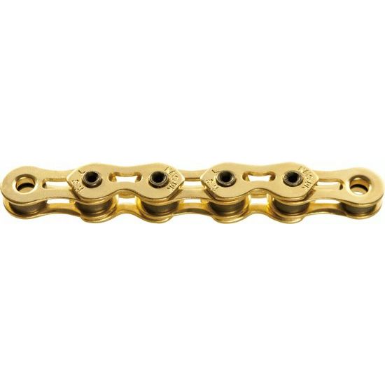 KMC K1SL 1/8 ketting TI-N Gold, single speed ketting met 100 schakels voor fiets, glanzend goudkleurig, zichtbaar in de afbeelding.