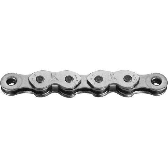 Verkrijgbare KMC K1 smalle ketting, vernickeld zilver, 1/2" x 3/32", geschikt voor single speed fietsen, met 100 schakels