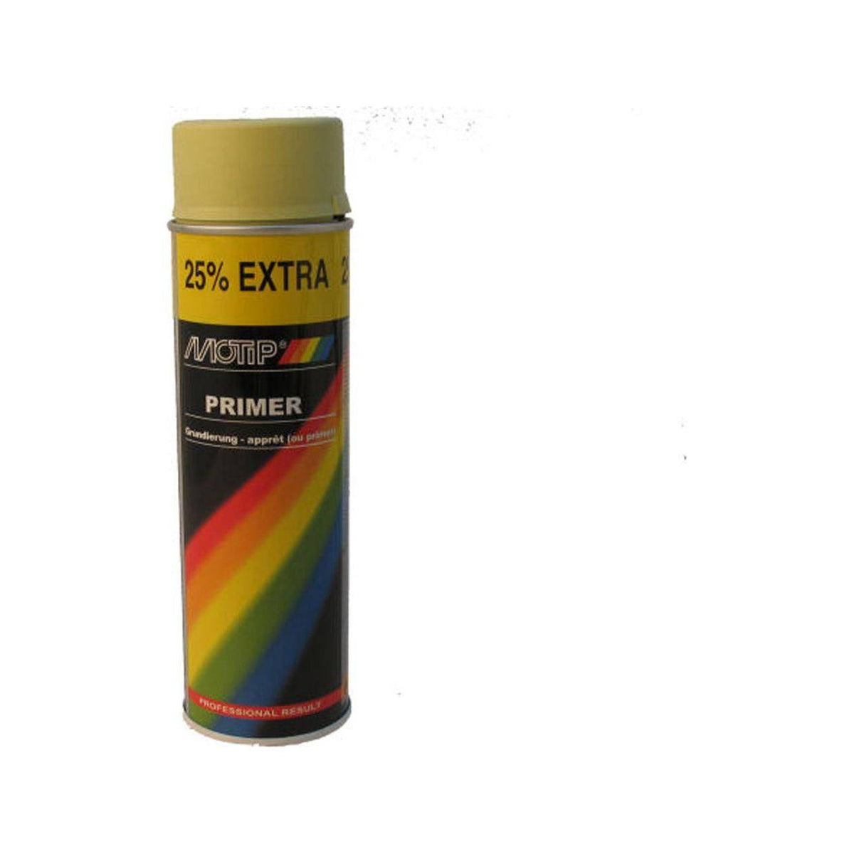 Beige primer in 500 ml spuitbus van Motip, geschikt voor lakwerk en voorbereiding van oppervlakken.