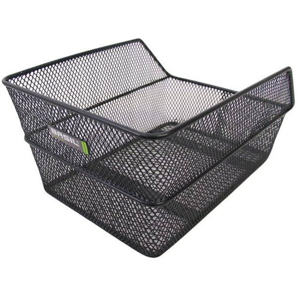 Zwarte Basil Cento S fietsmand met manddrager voor fietstassen en accessoires, geschikt voor stadsfietsen.