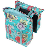Basil Bloom Field dubbele fietstas 28-35 liter waterdicht, zwart met roze bloemen, bevestiging voor bagagedrager