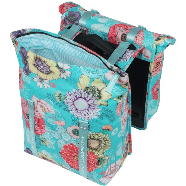 Basil Bloom Field dubbele fietstas 28-35 liter waterdicht, zwart met roze bloemen, bevestiging voor bagagedrager