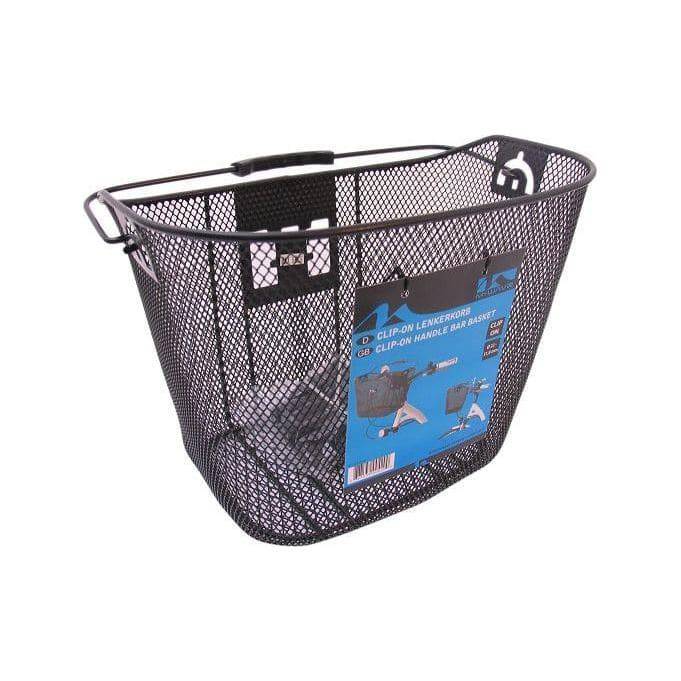 Zwarte M-Wave stuurmand met clip-on-houder en afneembare mand voor fiets, zichtbaar op de fietshandleiding.