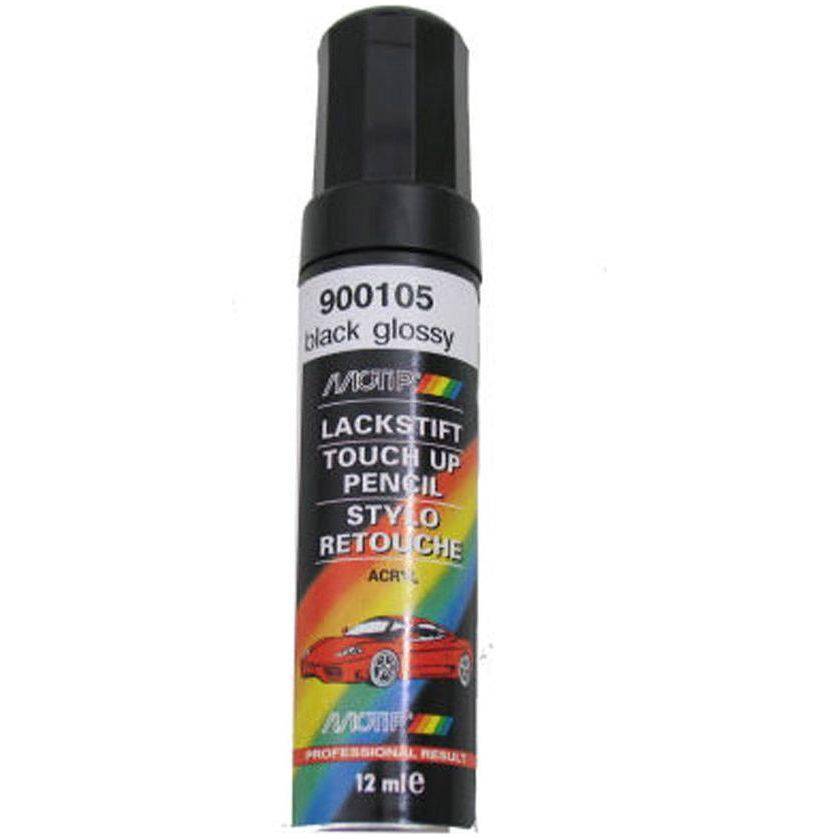 Zwart glanzend lakstift van Motip, 12 ml, voor het bijwerken en beschermen van autolakken en oppervlakken.