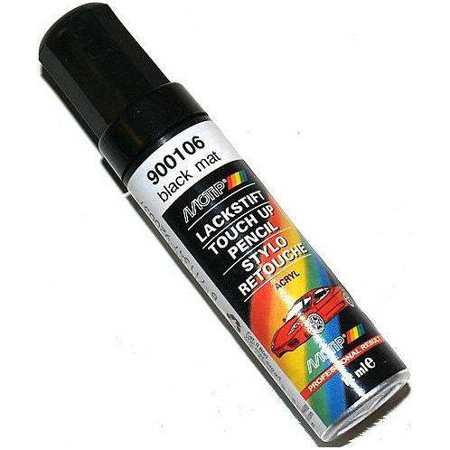 Matzwarte lakstift van 12 ml van het merk Motip, exclusief voor het bijwerken van kleine lakbeschadigingen.