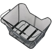 Zwarte Basil Lesto achtermand voor fiets, afneembaar, afmetingen 32x41x27 cm, geschikt voor stadsfietsen en accessoires.