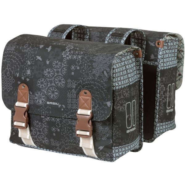 Dubbele fietstas Basil Bohème Carry All, 35 liter, zwart met verstelbare riemen en reflecterende details, voor fietsmand of rack