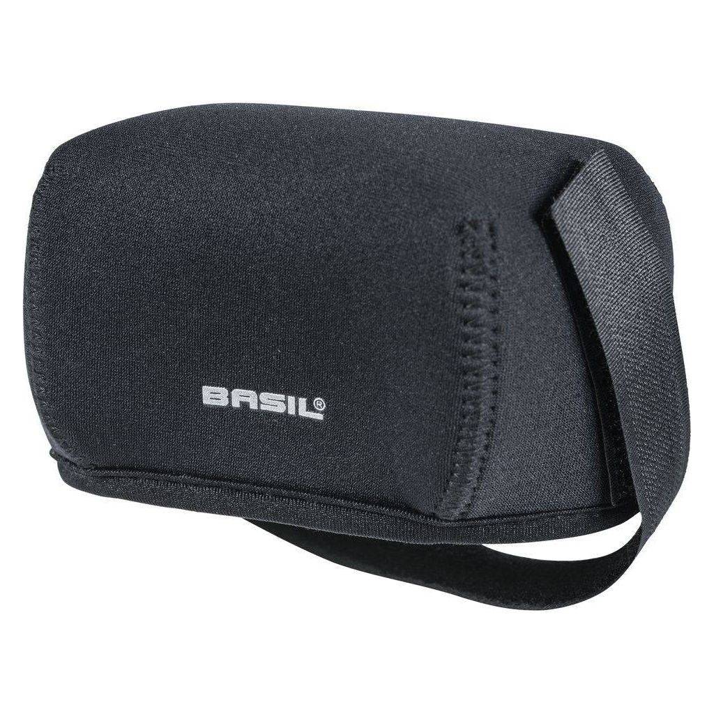 Zwarte Basil Rear Battery Electric Cap met neopreen hoes, universeel accuhoes voor 4,5 mm batterijen, geschikt voor e-bikes.